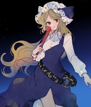 Rule 34 | 1girl, belt, black background, black belt, blonde hair, blue background, closed mouth, collared shirt, commentary, cowboy shot, dress, folding fan, gradient background, hand fan, hat, highres, holding, holding fan, long hair, long sleeves, mob cap, mozukuzu (manukedori), purple dress, red eyes, shirt, sideways glance, single strap, solo, touhou, very long hair, watatsuki no toyohime, white hat, white shirt