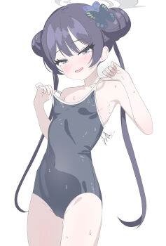 1girl absurdres black_hair black_one-piece_swimsuit blue_archive blush breasts butterfly_hair_ornament competition_school_swimsuit cowboy_shot double_bun grey_eyes grey_halo hair_bun hair_ornament halo highres kisaki_(blue_archive) long_hair looking_at_viewer nose_blush one-piece_swimsuit runarie school_swimsuit simple_background small_breasts smile solo strap_pull swimsuit twintails wet white_background