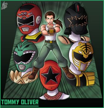 1boy belt black_dino_thunder_ranger boots brown_eyes brown_footwear brown_hair commentary dino_buckler dragon_ranger green_background green_pants helmet ian_dimas kiba_ranger long_hair mighty_morphin_green_ranger mighty_morphin_power_rangers mighty_morphin_white_ranger muscular open_mouth pants ponytail power_rangers power_rangers_dino_thunder power_rangers_turbo power_rangers_zeo red_turbo_ranger shirt tank_top title tommy_oliver white_shirt zeo_ranger_v_red
