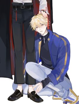 Rule 34 | 2boys, ahoge, belt, bishounen, black belt, black coat, black hair, black pants, black shirt, black shoes, blonde hair, blue jacket, bracelet, coat, ear piercing, earrings, full body, grey pants, hair between eyes, hand on another's head, hashtag-only commentary, head out of frame, headpat, highres, jacket, jewelry, long sleeves, looking at viewer, male focus, multicolored hair, multicolored shoes, multiple boys, orange eyes, out of frame, pants, parted lips, pemaformain, piercing, shiguang dailiren, shirt, shoes, short hair, simple background, sneakers, solo focus, squatting, standing, tassel, two-sided coat, two-sided fabric, two-tone hair, wallet chain, white background, white shoes, xia fei, xiao weiying, yaoi, zipper