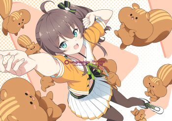 1girl :d ahoge aqua_eyes arm_up black_camisole black_pantyhose black_ribbon boots brown_hair camisole cat_hair_ornament commentary_request crop_top cropped_jacket fold-over_boots green_ribbon hair_between_eyes hair_ornament hair_ribbon hand_up hololive kanzaki_hiro lace-up_boots looking_at_viewer matsurisu medium_hair midriff miniskirt natsuiro_matsuri natsuiro_matsuri_(1st_costume) navel neck_ribbon off-shoulder_jacket off_shoulder open_mouth pantyhose pleated_skirt ribbon side_ponytail side_slit sidelocks skirt smile solo spaghetti_strap teeth upper_teeth_only virtual_youtuber watermark white_boots white_skirt