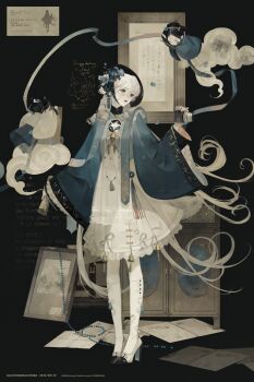 3girls absurdres baichuan_baichuan bead_necklace beads bell black_hat blue_coat blue_ribbon blue_sash camera cloud coat dress flower full_body hair_flower hair_ornament hat highres holding holding_camera jewelry kneehighs long_hair long_sleeves multiple_girls necklace original pendant picture_frame ribbon ringlets sash shoes socks solo_focus standing tassel very_long_hair white_hair wide_sleeves