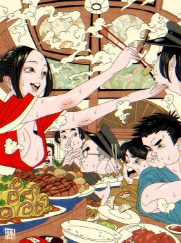 2girls 5boys absurdres black_hair bowl breasts brown_eyes cap carrot chewing chopsticks cleavage curry dinner_table dumpling eating feeding fine_art_parody food food_on_face forehead glasses hair_tied_back highres inkan japanese_clothes jiaozi kimono meat medium_breasts multiple_boys multiple_girls nihonga omelet open_clothes open_kimono open_mouth original parody parted_bangs potato red_kimono rice rice_bowl rice_on_face sei5osuzuki shaved_head short_hair sidelocks spiked_hair steam sweat thick_eyebrows upper_body