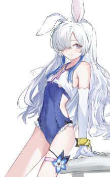 1girl absurdres animal_ears black_bow blue_eyes bow breasts cevio chain chained closed_mouth commentary_request covered_navel elbow_gloves flower gloves hair_over_one_eye highres huyuhnyuken kamitsubaki_studio light_blush long_hair looking_at_viewer neckerchief one-piece_swimsuit pink_neckerchief rabbit_ears sekai_(cevio) simple_background small_breasts smile solo swimsuit table thigh_strap white_background white_gloves white_hair