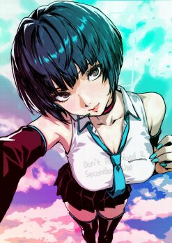 1girl absurdres aqua_hair aqua_nails bare_shoulders black_eyes black_hair blush breasts choker cleavage cloud collarbone collared_shirt commentary_request cosplay detached_sleeves english_text hatsune_miku hatsune_miku_(cosplay) headset highres large_breasts lips looking_at_viewer miniskirt multicolored_hair necktie oeilvert_fft persona persona_5 pleated_skirt selfie shirt short_hair skirt sky sleeveless sleeveless_shirt solo takemi_tae thighhighs vocaloid zettai_ryouiki