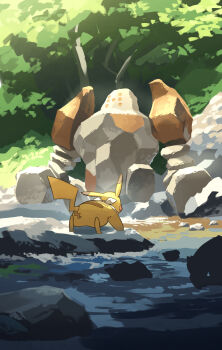 Rule 34 | day, gen 1 pokemon, gen 3 pokemon, golem, highres, legendary pokemon, nintendo, no humans, outdoors, pikachu, pokemon, pokemon (creature), regirock, rock, tree, yamaori (hakkentai pokedan), yellow fur