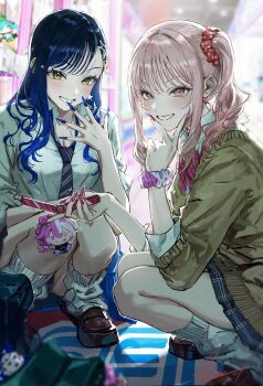 1girl 1other absurdres akiyama_mizuki blue_hair blue_nails blue_necktie blue_skirt blush bow bowtie breasts brown_cardigan brown_shoes cardigan cellphone character_doll cleavage collared_shirt commentary_request doll fingernails flip_phone gyaru hair_ornament hairclip happy hatsune_miku highres holding holding_phone leg_warmers long_fingernails long_hair medium_breasts necktie phone pink_bow pink_bowtie pink_hair pink_nails plaid_clothes plaid_skirt pleated_skirt project_sekai ratte_(cf) red_scrunchie scrunchie shiraishi_an shirt shoes side_ponytail skirt smile spread_fingers squatting star_(symbol) star_hair_ornament v virtual_youtuber white_leg_warmers white_shirt wispy_bangs