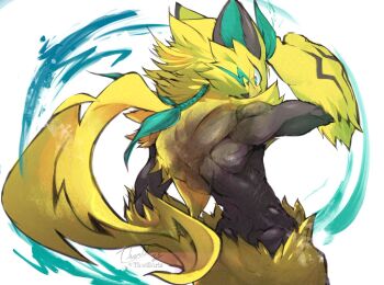 ambiguous_gender back from_behind furry gen_7_pokemon green_eyes legendary_pokemon muscular muscular_arms mythical_pokemon nintendo pokemon pokemon_(creature) pokemon_focus pokemon_usum thwillartz white_background zeraora