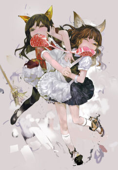 Rule 34 | 2girls, animal ears, apron, armband, black hair, black socks, blunt bangs, broom, brown hair, cat ears, catfight, dress, fangs, fighting, food, frills, kneehighs, maid apron, meat, multiple girls, one eye closed, original, pantyhose, raw meat, socks, uturo, white legwear