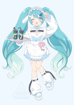 1girl :3 alternate_costume apron aqua_eyes aqua_hair arm_up blue_dress cute_x_subculture_hatsune_miku_design_contest dress enmaided fashion full_body hair_ornament hairband hashtag-only_commentary hatsune_miku highres holding holding_tray jersey_maid kokorominton lolita_hairband long_hair looking_at_viewer loose_socks maid one_eye_closed simple_background socks solo standing straight-on tachi-e tenshi_kaiwai tray twintails unconventional_maid very_long_hair vocaloid white_apron white_background wing_hair_ornament