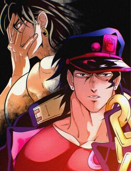 2boys black_eyes blonde_hair blue_coat blue_hat chain coat commentary_request dio_brando ear_birthmark earrings gakuran gchgch08 grey_hair hand_on_own_face hat high_collar highres jewelry jojo_no_kimyou_na_bouken kuujou_joutarou looking_at_viewer male_focus messy_hair multiple_boys muscular muscular_male parted_lips peaked_cap red_eyes red_shirt school_uniform shirt smile stardust_crusaders stardust_crusaders_(ova) stud_earrings teeth topless_male