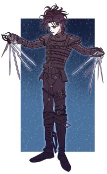 1boy animification baoul101552 belt black_belt black_bodysuit black_boots black_eyes black_hair bodysuit boots colored_skin commentary_request edward_scissorhands edward_scissorhands_(character) full_body highres knee_boots korean_commentary male_focus messy_hair multiple_belts scar scar_on_face scissors short_hair shoulder_pads snowing solo standing white_skin