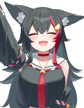 1girl :d ^_^ absurdres animal_ear_fluff animal_ears arm_up armpit_crease black_hair black_shirt black_sleeves blush breasts choker closed_eyes commentary_request cropped_shirt deaver detached_sleeves flipped_hair hair_ornament highres hololive kouhaku_nawa large_breasts long_hair long_sleeves multicolored_hair necktie ookami_mio ookami_mio_(1st_costume) open_mouth pov red_choker red_hair red_necktie rope sailor_collar shimenawa shirt sidelocks simple_background sleeveless sleeveless_shirt smile solo spiked_hair streaked_hair upper_body virtual_youtuber white_background white_sailor_collar wolf_ears wolf_girl