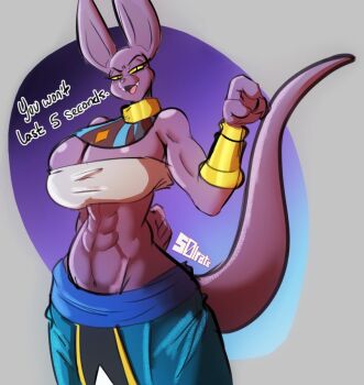 1girl abs artist_name beerus breasts dragon_ball dragon_ball_super english_text furry furry_female genderswap jewelry long_ears long_tail muscular muscular_arms muscular_female nails neck no_humans open_mouth pants pointing pointing_at_viewer revealing_clothes sexually_suggestive shounen_jump shueisha simple_background smile smug snout solo solraticart tail talking tongue watermark wide_hips wrist_cuffs yellow_eyes