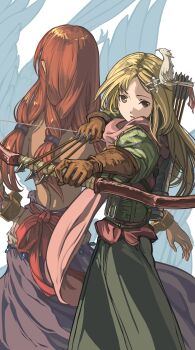 2girls aiming arrow_(projectile) back-to-back bad_id bad_pixiv_id belt blonde_hair bow_(weapon) brown_gloves cuffs drawing_bow facing_away feet_out_of_frame fighting_stance floral_print gloves green_eyes gypsy hair_ornament hair_scrunchie hairpin harusame_(rueken) holding holding_bow_(weapon) holding_weapon jewelry long_hair long_sleeves looking_at_viewer low_twintails multiple_girls outstretched_arm parted_bangs parted_lips pink_scarf purple_skirt quiver red_hair scarf scrunchie serious shackles shauna_(soul_cradle) siblings simple_background sisters skirt soul_cradle standing tricia_(soul_cradle) twintails weapon white_background