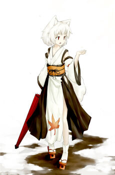 Rule 34 | 1girl, alternate costume, animal ears, detached sleeves, female focus, full body, geta, highres, inubashiri momiji, kokutei n, kourindou tengu costume, leaf, obi, oil-paper umbrella, open mouth, red eyes, sash, short hair, snow, solo, tabi, tail, tengu-geta, touhou, umbrella, white hair, white legwear, wolf ears, wolf tail