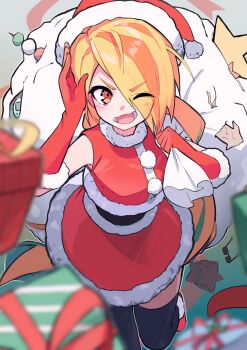 1girl absurdres black_thighhighs blonde_hair blurry blurry_foreground christmas dango depth_of_field dress eyes_visible_through_hair food fur-trimmed_dress fur_trim gift gloves hair_over_one_eye hanten_(hantennano) hat highres holding holding_sack leaning_forward leg_up long_hair looking_at_viewer multicolored_hair nikaidou_saki one_eye_closed open_mouth orange_eyes orange_hair over_shoulder red_dress red_gloves red_hat sack sanshoku_dango santa_gloves santa_hat short_dress sleeveless sleeveless_dress smile solo standing standing_on_one_leg star_(symbol) thighhighs v-shaped_eyebrows wagashi waving zombie_land_saga