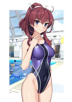 1girl blue_eyes breasts brown_hair commentary_request competition_swimsuit covered_navel glass_ceiling hair_ribbon highleg highleg_one-piece_swimsuit indoors konohana_suzuka lane_line medium_breasts one-piece_swimsuit ponytail poolside purple_one-piece_swimsuit ribbon solo standing swimsuit takafumi toji_no_miko two-tone_swimsuit