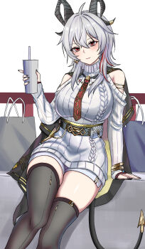 1girl ahoge bag black_horns black_jacket black_tail black_thighhighs blush breasts closed_mouth clothing_cutout cup curled_horns dress earrings grey_dress grey_hair hair_between_eyes highres holding holding_cup horns huge_breasts jacket jacket_on_shoulders jewelry long_hair looking_at_viewer mianbao mole mole_under_eye multicolored_hair official_alternate_costume red_eyes shopping_bag shoulder_cutout simple_background sitting smile solo streaked_hair sweater sweater_dress tail thighhighs thighs white_background wuthering_waves zani_(downtown_repose)_(wuthering_waves) zani_(wuthering_waves)