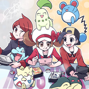 Rule 34 | 1girl, 2boys, anniversary, backwards hat, baseball cap, brown hair, chikorita, closed eyes, commentary request, cyndaquil, ethan (pokemon), game cartridge, gen 2 pokemon, handheld game console, hat, highres, ho-oh, holding, holding handheld game console, holding stylus, legendary pokemon, lugia, lyra (pokemon), marill, multiple boys, newsboy cap, nintendo, nintendo ds, one eye closed, open mouth, outline, pokemon, pokemon (creature), pokemon heartgold and soulsilver, pokewalker, red eyes, red hair, signature, silver (pokemon), smile, stylus, togepi, totodile, virtual pet (toy), white outline, yuki mura 1031