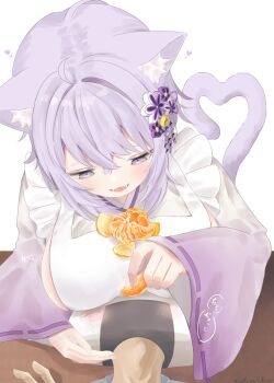 1girl :3 animal_ear_fluff animal_ears apron breast_rest breasts breasts_on_head cat_ears cat_girl cat_tail flower_hairclip heart highres hololive japanese_clothes kimono large_breasts mochimochi_kemo nekomata_okayu onigirya_(nekomata_okayu) open_mouth purple_eyes purple_hair purple_kimono purple_tail sideboob simple_background solo_focus tail upper_body virtual_youtuber white_apron white_background