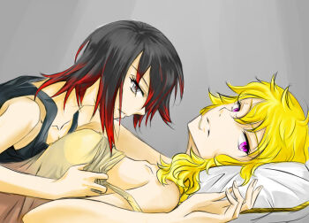 2girls 349702068 bare_shoulders bed black_hair blonde_hair camisole clothes_grab clothes_pull collarbone female_focus girl_on_top grey_background grey_eyes incest long_hair looking_at_another looking_at_viewer lying multicolored_hair multiple_girls off_shoulder on_back pillow purple_eyes red_hair ruby_rose rwby serious shirt short_hair siblings simple_background sisters sleeveless sleeveless_shirt strap_slip tank_top teeth two-tone_hair undressing upper_body yang_xiao_long yuri