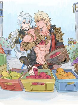 2boys abs antenna_hair arm_tattoo armlet armor black_choker black_coat black_shirt blonde_hair blue_eyes braid bunnyclvb chest_tattoo choker clawed_gauntlets coat commentary earrings english_commentary eye_contact facial_tattoo food fruit gold_earrings gold_necklace gradient_hair holding holding_food holding_fruit honkai:_star_rail honkai_(series) jewelry looking_at_another male_focus mango medium_hair multicolored_hair multiple_boys mydei_(honkai:_star_rail) necklace open_clothes open_coat orange_(fruit) parted_bangs pauldrons phainon_(honkai:_star_rail) pomegranate red_hair red_tattoo shirt short_hair shoulder_armor side_braid single_pauldron tattoo toned toned_male white_coat white_hair yellow_eyes