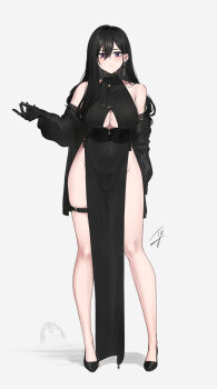 1girl black_dress black_gloves black_hair black_jacket black_shoes blush breasts classy-black-haired_girl_(hayabusa) closed_mouth commentary_request dress earrings gloves grey_background hair_between_eyes hayabusa_(vert_320) highres jacket jewelry large_breasts legs long_hair looking_at_viewer mole mole_on_breast mole_under_eye original purple_eyes shoes signature simple_background solo standing thigh_strap underboob