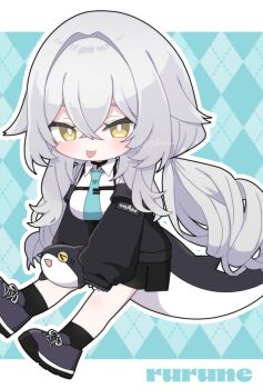 Rule 34 | 1girl, :p, akikan sabako, argyle background, black jacket, black shoes, black skirt, black socks, blue background, blue necktie, blush, breasts, character name, chibi, closed mouth, collared shirt, commentary request, crossed bangs, fins, fish tail, full body, grey hair, hair between eyes, hair flaps, hair intakes, highres, holding, holding stuffed toy, jacket, long hair, long sleeves, looking at viewer, low twintails, medium breasts, necktie, open clothes, open jacket, outline, pleated skirt, puffy long sleeves, puffy sleeves, rurune (vrchat), shark tail, shirt, shoes, sidelocks, simple background, sitting, skirt, sleeves past wrists, smile, socks, solo, stuffed animal, stuffed shark, stuffed toy, tail, tongue, tongue out, twintails, twitter username, very long hair, vrchat, white outline, white shirt, yellow eyes
