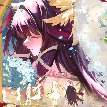 Rule 34 | 1girl, closed eyes, columbina (genshin impact), commentary, flower, from behind, from side, genshin impact, hair ornament, highres, hydrangea, multicolored hair, multiple others, multiple views, painterly, petals, silhouette, symbolism, tears, untranslatable commentary, wing hair ornament