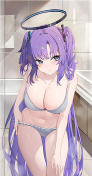1girl absurdres black_halo blue_archive blue_eyes blush breasts cleavage closed_mouth commentary_request grey_panties grey_sports_bra hair_intakes hair_ornament halo highres indoors large_breasts long_hair looking_to_the_side navel panties purple_hair revision solo sports_bra stomach thighs triangle_hair_ornament two_side_up underwear very_long_hair wh0_r_uo_o yuuka_(blue_archive)