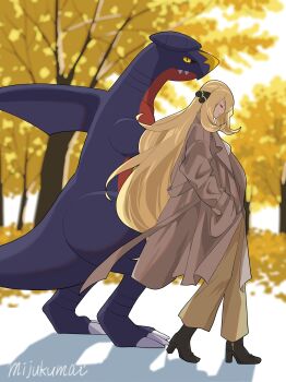 1girl absurdres alternate_costume autumn_leaves black_boots black_sclera blonde_hair boots breasts brown_coat closed_eyes closed_mouth coat colored_sclera cynthia_(pokemon) dragon fangs fins garchomp gen_4_pokemon hair_ornament hair_over_one_eye head_fins high_heel_boots high_heels highres leaf long_hair long_sleeves mijukuma nintendo pants pokemon pokemon_(creature) pokemon_dppt sharp_teeth shirt smile teeth tree very_long_hair white_shirt yellow_eyes
