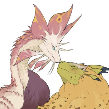 Rule 34 | blue sclera, blush, closed eyes, closed mouth, colored sclera, commentary request, fins, from side, head fins, looking at another, mizutsune, monster, monster focus, monster hunter (series), no humans, noses touching, purple fur, red eyes, royal ludroth, simple background, sweat, taneimo drop, white background