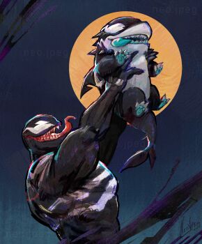 1boy absurdres animal_print highres jeff_(marvel) jeff_the_land_shark jeff_the_land_shark_(devouring_duo) long_tongue male_focus marvel marvel_rivals monster_boy moon muscular muscular_male neo_jpeg open_mouth sharp_teeth smile spider-man_(series) spider_print superhero_costume symbiote teeth tongue venom_(marvel) very_long_tongue