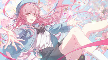 1girl blue_hat blue_jacket breasts cherry_blossoms chromatic_aberration commentary_request feet_out_of_frame grey_skirt hair_spread_out hat highres jacket korean_commentary long_hair open_mouth original outstretched_arms pink_eyes pink_hair shirt shirt_tucked_in skirt small_breasts smile socks solo white_shirt white_socks yuhaw0v0