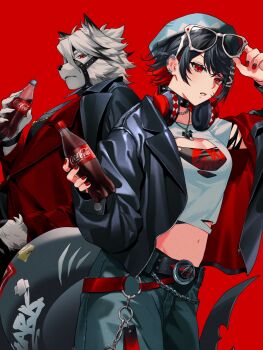 1boy 1girl animal_ears belt black_hair black_jacket bottle breasts closed_mouth coca-cola commentary_request crop_top ellen_joe eyewear_on_head fins fish_tail furry furry_male guest_art highres holding holding_bottle jacket jewelry looking_at_viewer midriff nail_polish necklace open_clothes open_jacket pants parted_lips red_eyes red_hair red_nails shark_girl shark_tail sriokorr sunglasses tail torn_clothes von_lycaon wolf_boy wolf_ears zenless_zone_zero