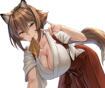 1girl all_fours animal_ears breasts brown_hair cleavage fox_ears fox_shadow_puppet fox_tail green_eyes hair_between_eyes hakama highres japanese_clothes kantai_collection kemonomimi_mode kimono kokuzou large_breasts looking_at_viewer mouth_hold mutsu_(kancolle) red_hakama short_hair smile solo tail tasuki white_background white_kimono