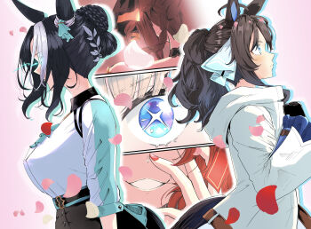 5girls absurdres ahoge almond_eye_(umamusume) animal_ears black_hair blue_eyes braid breasts brown_hair commentary_request daring_tact_(umamusume) gentildonna_(umamusume) hair_between_eyes hair_bun hair_ornament highres horse_ears horse_girl horse_tail kichi_tik large_breasts long_hair medium_breasts mejiro_ramonu_(onyx_line)_(umamusume) mejiro_ramonu_(umamusume) multicolored_hair multiple_girls open_mouth purple_eyes shirt smile star_(symbol) star_hair_ornament still_in_love_(umamusume) streaked_hair tail textless_version triple_tiara_(umamusume) umamusume white_hair