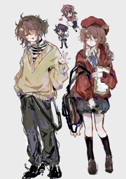 2boys absurdres bag beret black_pants black_shoes black_shorts bow bowtie brown_hair brown_socks chibi closed_mouth collared_shirt edgar_valden full_body green_eyes grey_pants hat heart highres holding holding_notebook huangdouliuhan identity_v jacket kneehighs long_hair long_sleeves luca_balsa male_focus multiple_boys notebook open_mouth pants pink_hair shirt shoes short_hair shorts simple_background sketch smile socks striped_clothes striped_shirt sweater white_background white_shirt