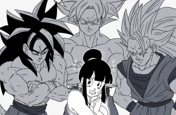 1girl 3boys absurdres black_hair blonde_hair blush chi-chi_(dragon_ball) couple dragon_ball dragon_ball_gt highres husband_and_wife looking_at_another male monochrome multiple_boys muscular muscular_male nervous nervous_sweating serious son_goku super_saiyan super_saiyan_3 super_saiyan_4 sweat tagme topless_male ultra_instinct white_hair
