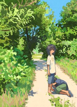 1girl 1other absurdres ambiguous_gender barefoot black_eyes blue_shirt blue_shorts blue_sky closed_mouth commentary_request day expressionless foliage grass green_pants highres jitome long_hair looking_at_viewer lying messy_hair muji_(uimss) no_sclera on_ground on_side original outdoors pants path print_shirt road scenery shade shirt short_sleeves shorts sky standing t-shirt tree white_shirt wide_shot