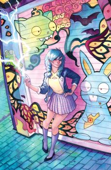 1girl ashida_noriko bat_(animal) black_eyes black_shoes blue_hair blue_jacket braid brick_floor colorful comic_cover commentary electricity electrokinesis english_commentary flats freckles frog full_body garage_door gouache_(medium) graffiti hand_on_own_hip highres index_finger_raised jacket jewelry low_twin_braids marvel meghan_hetrick official_art painting_(medium) pink_skirt plaid_clothes plaid_skirt pleated_skirt purple_socks rabbit ring sharp_teeth shirt shoes skirt socks solo surge_(x-men) teeth traditional_media twin_braids watercolor_(medium) x-men yellow_shirt