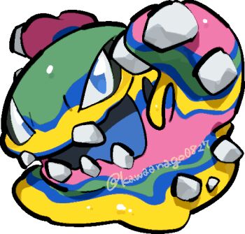 alolan_form alolan_muk blob blue_eyes chibi chibi_only claws commentary_request full_body gen_7_pokemon kawaanago lowres nintendo no_humans open_mouth pokemon pokemon_(creature) pokemon_focus sharp_teeth solo teeth transparent_background twitter_username v-shaped_eyes