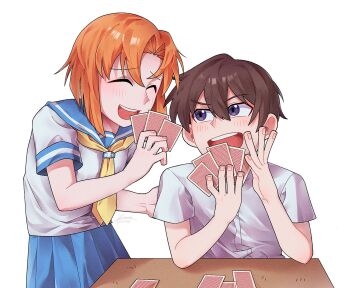 1boy 1girl banana_(877_trice) blue_sailor_collar blue_skirt blush brown_hair card card_game closed_eyes dated desk hand_up highres higurashi_no_naku_koro_ni holding holding_card looking_at_another maebara_keiichi neckerchief open_mouth orange_hair playing_card playing_games purple_eyes ryuuguu_rena sailor_collar school_desk school_uniform serafuku shirt short_hair short_sleeves signature simple_background sitting skirt smile teeth upper_teeth_only white_background white_shirt yellow_neckerchief
