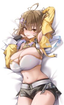 1girl :p ahoge anis_(nikke) arm_behind_head armpits bed_sheet black_gloves black_shorts blunt_bangs breasts brown_hair cleavage commentary_request fingerless_gloves gloves goddess_of_victory:_nikke hair_ornament highres idol lying medium_hair midriff navel on_back shorts solo tongue tongue_out yampa yellow_eyes