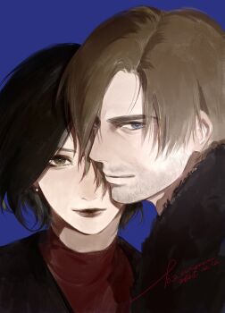 Rule 34 | 1boy, 1girl, ada wong, beard stubble, black coat, black hair, blonde hair, blue background, blue eyes, brown eyes, closed mouth, coat, dated, facial hair, fur-trimmed coat, fur trim, hair between eyes, hashtag-only commentary, highres, leon s. kennedy, light smile, lipstick, looking at viewer, makeup, mofa shuimu jiang, parted bangs, red shirt, resident evil, resident evil requiem, shirt, short hair, stubble, turtleneck, upper body