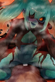 1boy 1girl absurdres aqua_hair black_sclera breasts code_vein colored_sclera commission cowgirl_position cum ejaculation ekrea_jan fiery_hair gradient_background hetero highres invading_executioner invading_executioner_(code_vein) long_hair looking_at_viewer medium_breasts monster_girl orange_eyes orange_hair pov sex skeb_commission steam straddling sweat twintails vaginal