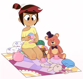 1girl black_bow black_bowtie black_eyes black_hat blush bow bowtie brown_hair character_doll collarbone crossover crown cup disney doll five_nights_at_freddy&#039;s flat_chest freddy_fazbear hat highres holding holding_cup holding_saucer loli looking_down molly_mcgee off-shoulder_shirt off_shoulder picnic_blanket pillow ponytail print_shirt rukisan(pixiv) saucer shirt short_hair short_sleeves sitting smile socks stuffed_animal stuffed_dog stuffed_rabbit stuffed_toy tea_party teacup teapot teddy_bear the_ghost_and_molly_mcgee top_hat white_background white_socks yellow_shirt