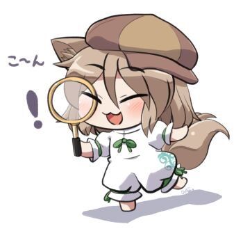 ! 1girl :3 :d animal_ear_fluff animal_ears barefoot blush brown_hair brown_hat chibi chibi_only closed_eyes commentary_request fox_ears fox_girl fox_tail full_body green_ribbon hat holding holding_magnifying_glass ko~n kudamaki_tsukasa magnifying_glass neck_ribbon newsboy_cap open_mouth ribbon rokugou_daisuke romper short_hair short_sleeves signature simple_background sleeve_ribbon smile solo tail touhou white_background white_romper