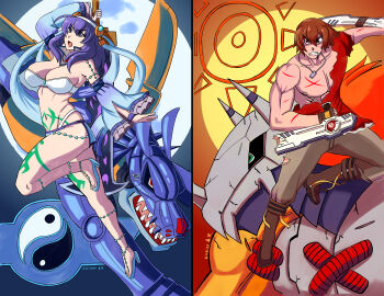 Rule 34 | 1boy, 1girl, absurdres, ao no kiseki, armor, crossover, digimon, dr.k (pixiv 9062039), eiyuu densetsu, green eyes, highres, lloyd bannings, metalgarurumon, red eyes, rixia mao, sharp teeth, teeth, wargreymon, yin yang, zero no kiseki